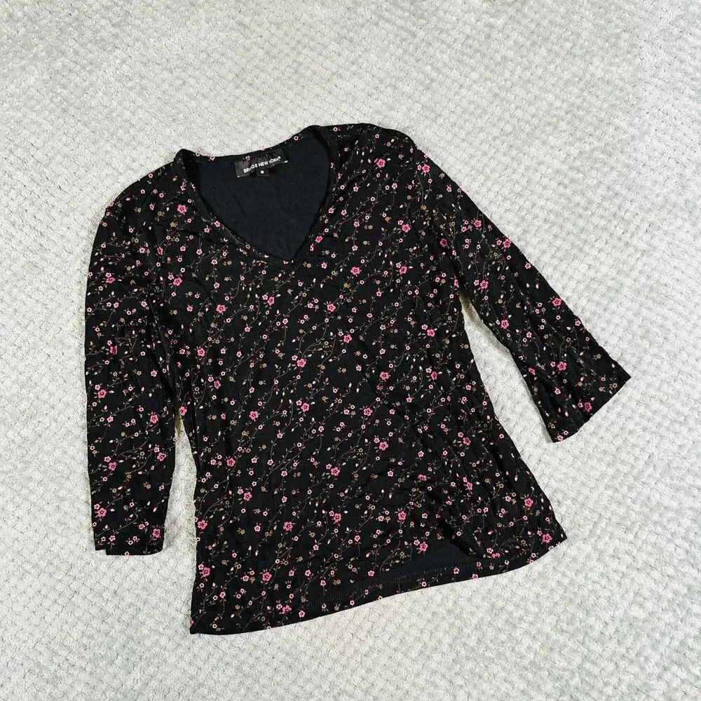 vtg y2k black/pink floral paisley quarter sleeve blouse s briggs ny office siren - Picture 1 of 5